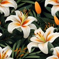 Seamless pattern with lily and flowers orange middle, pollen, leaves vector illustration